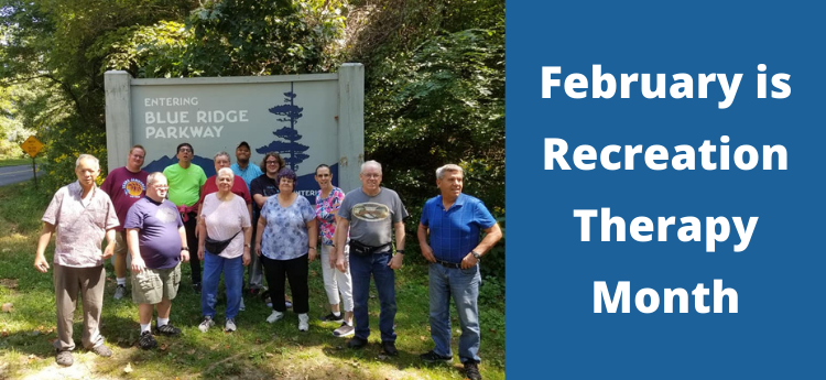 "February is Recreation Therapy Month" Group of TRS participants at a park