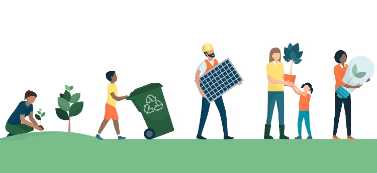 Group of cartoon people carrying various "Green"/sustainable items