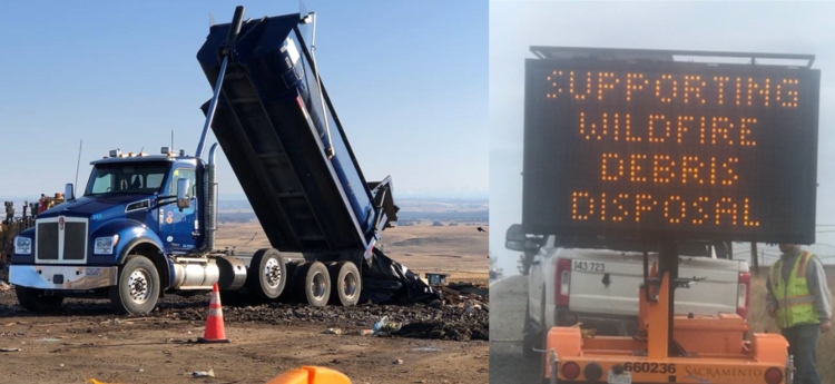 Large dump truck and a sign that reads "Supporting wildfire debris removal" 