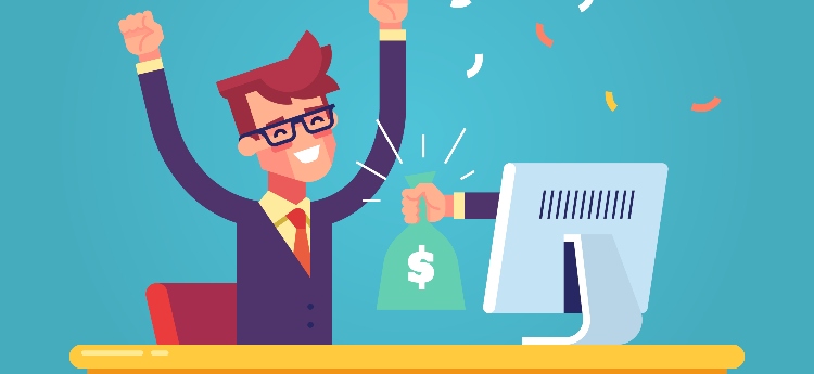 Animated male figure on a computer with a hand holding a money back coming out of the screen